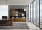 Modern executive office storage cabinet with walnut finish, open shelving and closed storage for professional workplaces