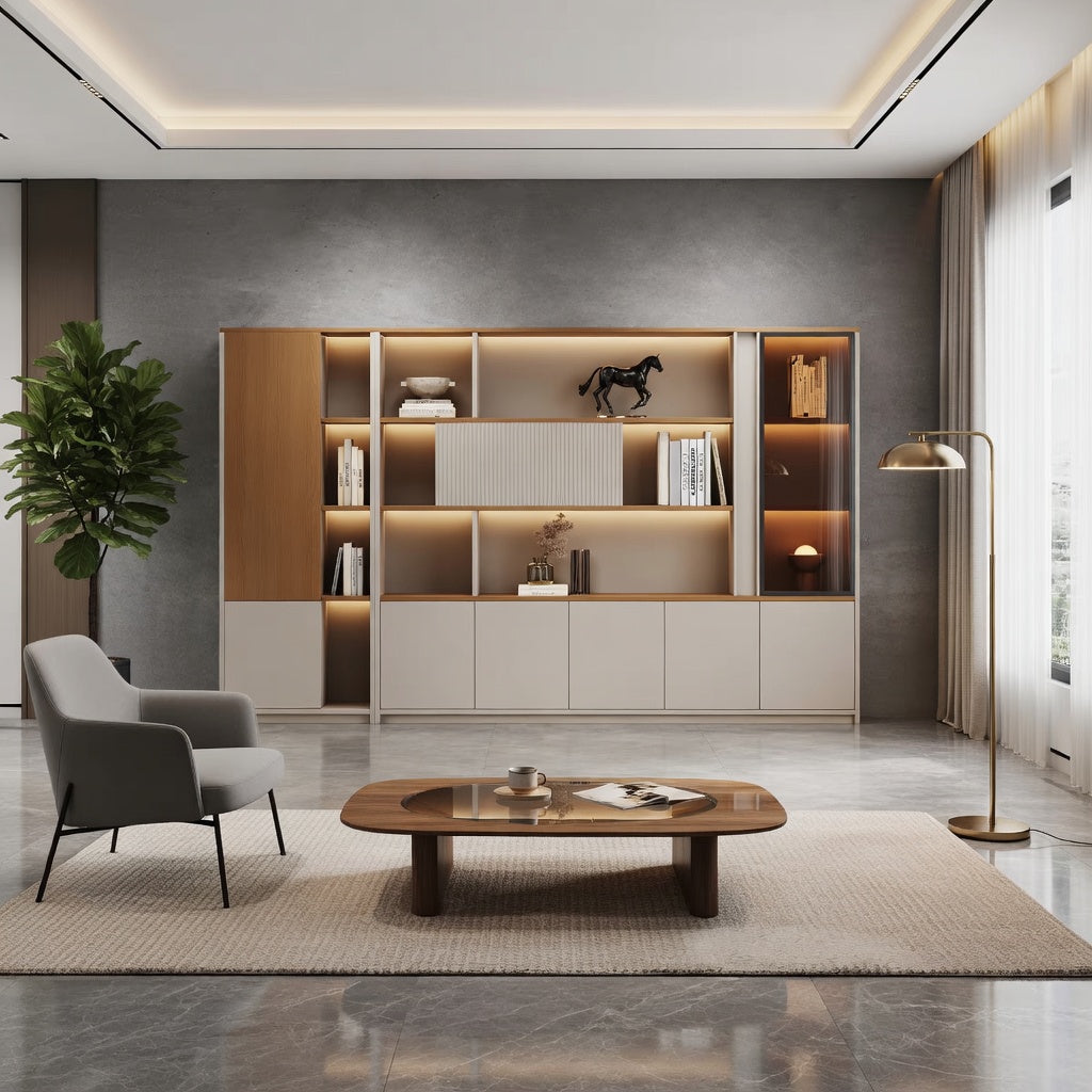 Modern executive office storage wall cabinet with LED display shelving and closed storage units