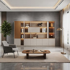 Modern executive office storage wall cabinet with LED display shelving and closed storage units