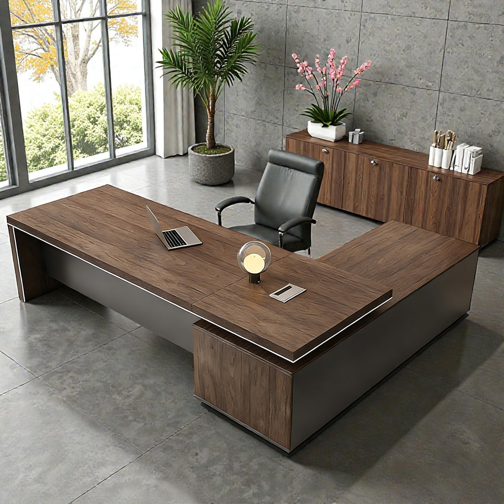 Modern L-shaped executive desk in a contemporary office with wood grain finish and integrated storage