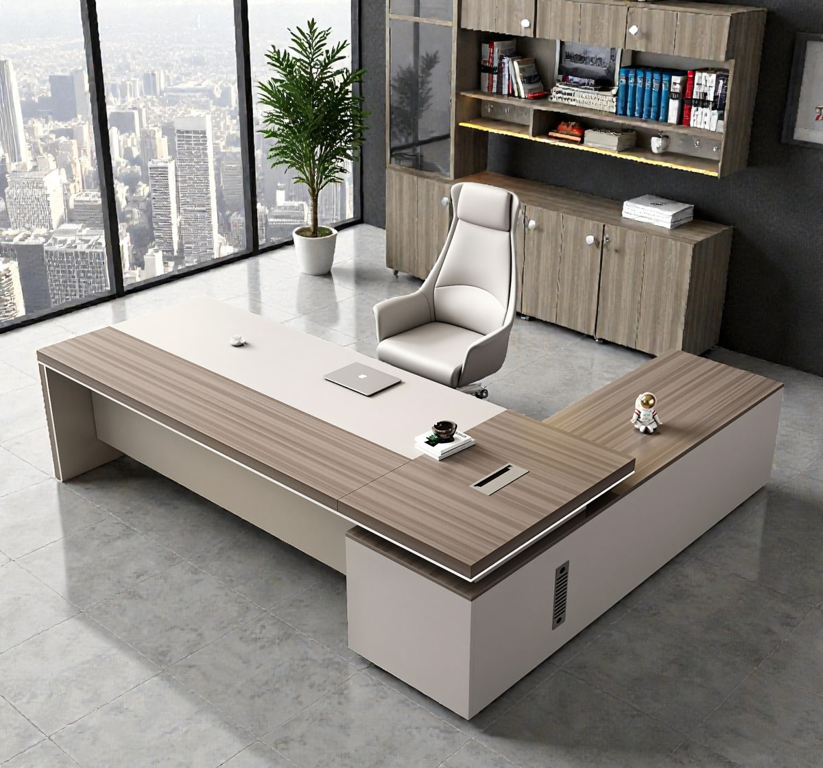 Modern L-shaped executive desk with wood grain finish for professional office spaces