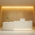 Modern cream white reception desk with integrated LED lighting for contemporary offices