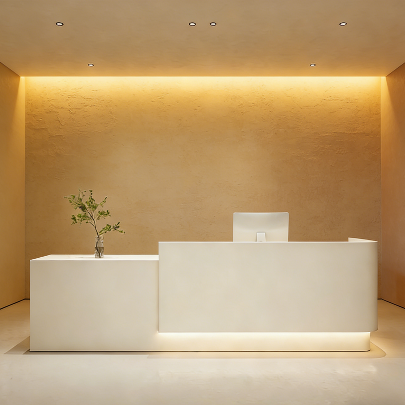 Modern cream white reception desk with integrated LED lighting for contemporary offices