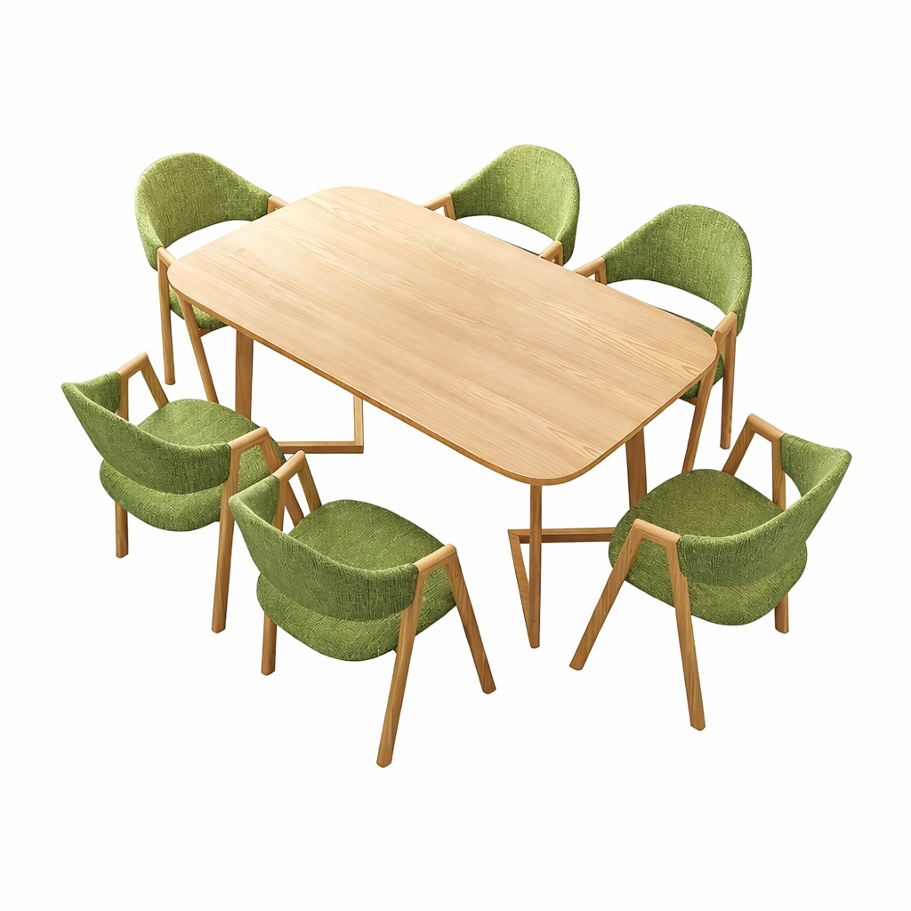 Modern natural wood table with six green chairs, creating a warm and stylish setting for dining rooms and shared spaces