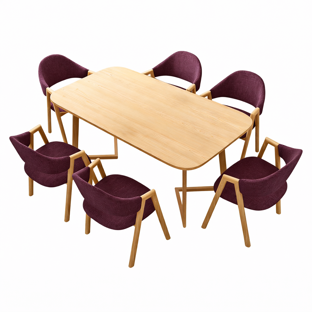 Modern wood dining table with six deep purple chairs, adding a distinctive colour option to contemporary interiors