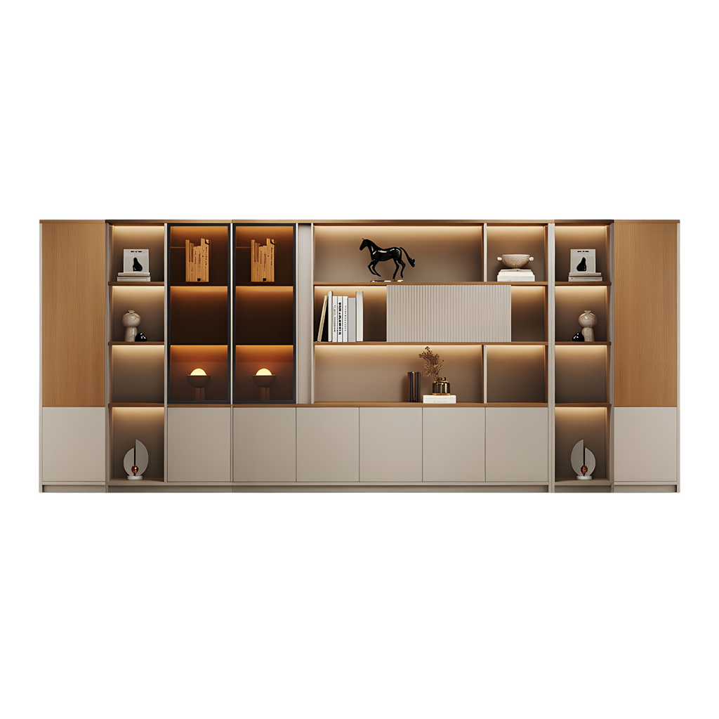 Modern office storage wall with display shelves, lighting and concealed storage cabinets
