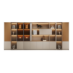 Modern office storage wall with display shelves, lighting and concealed storage cabinets