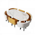 Modern oval conference table with white marble look tabletop and curved office chairs
