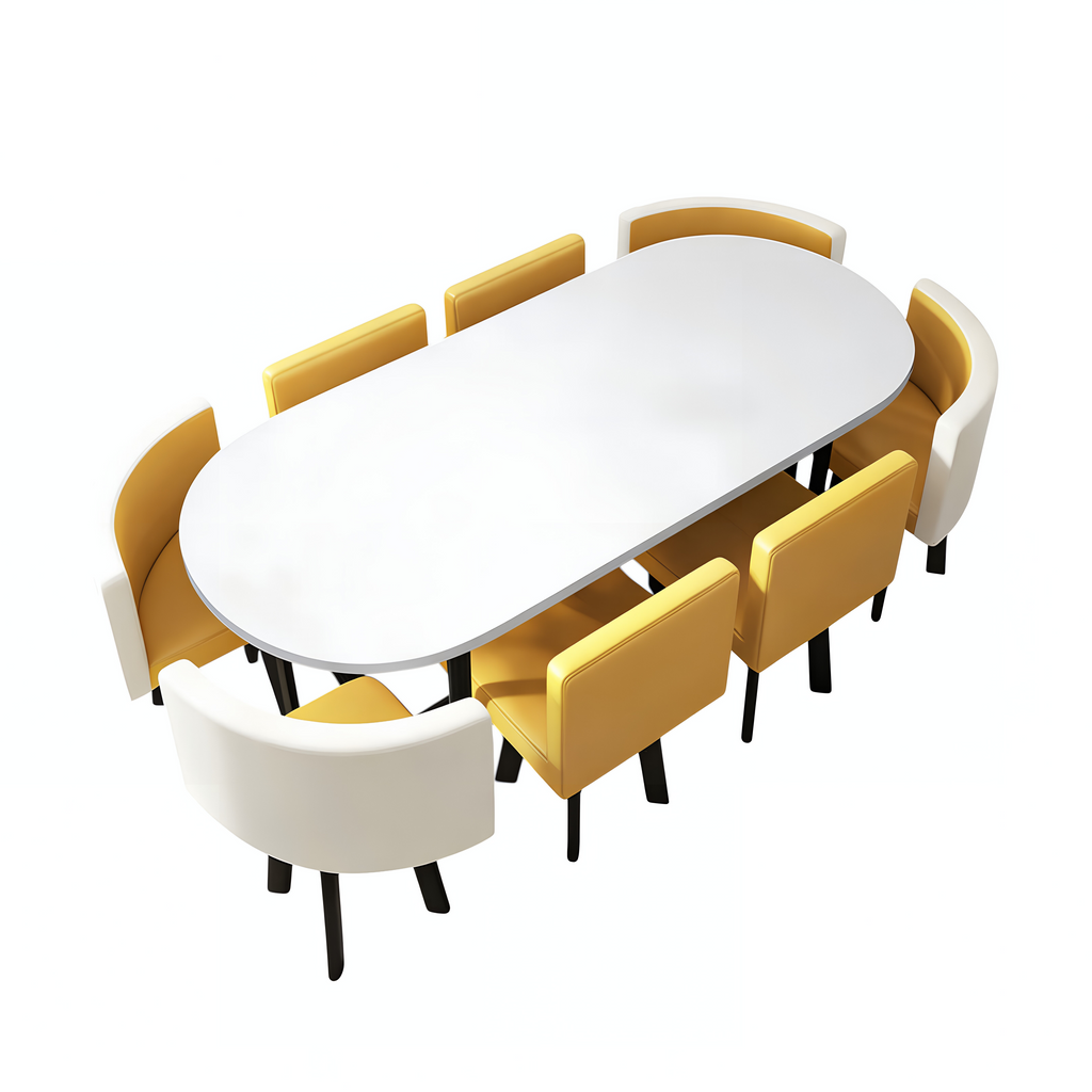 Modern oval conference table with yellow upholstered chairs for contemporary office meeting spaces