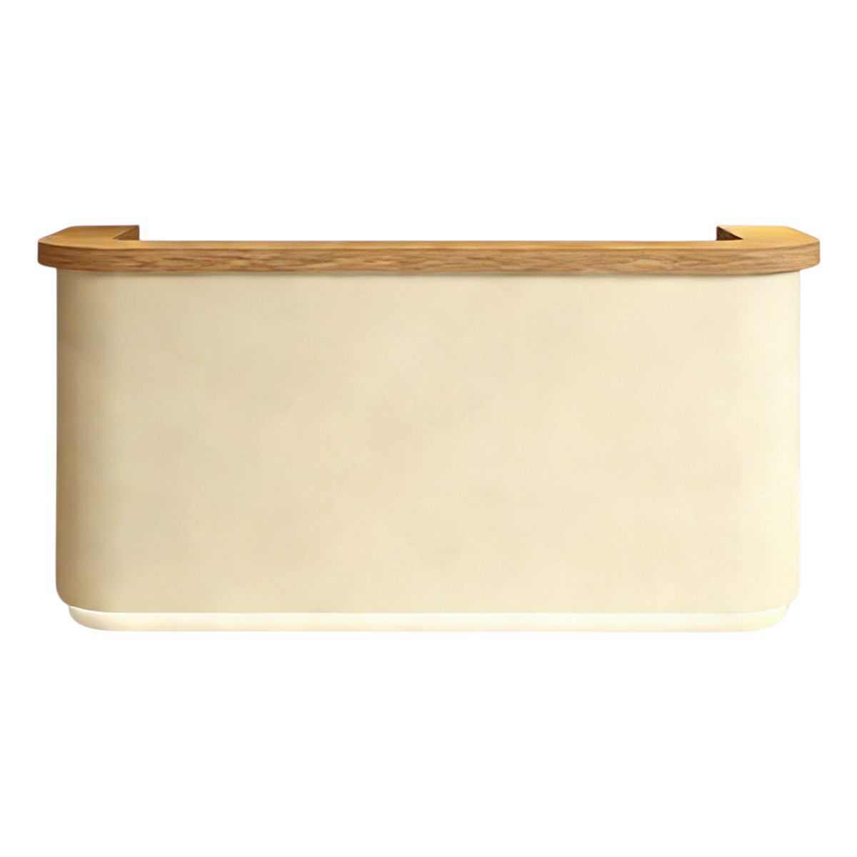 Beige modern reception counter with curved edges and premium finish for office interiors