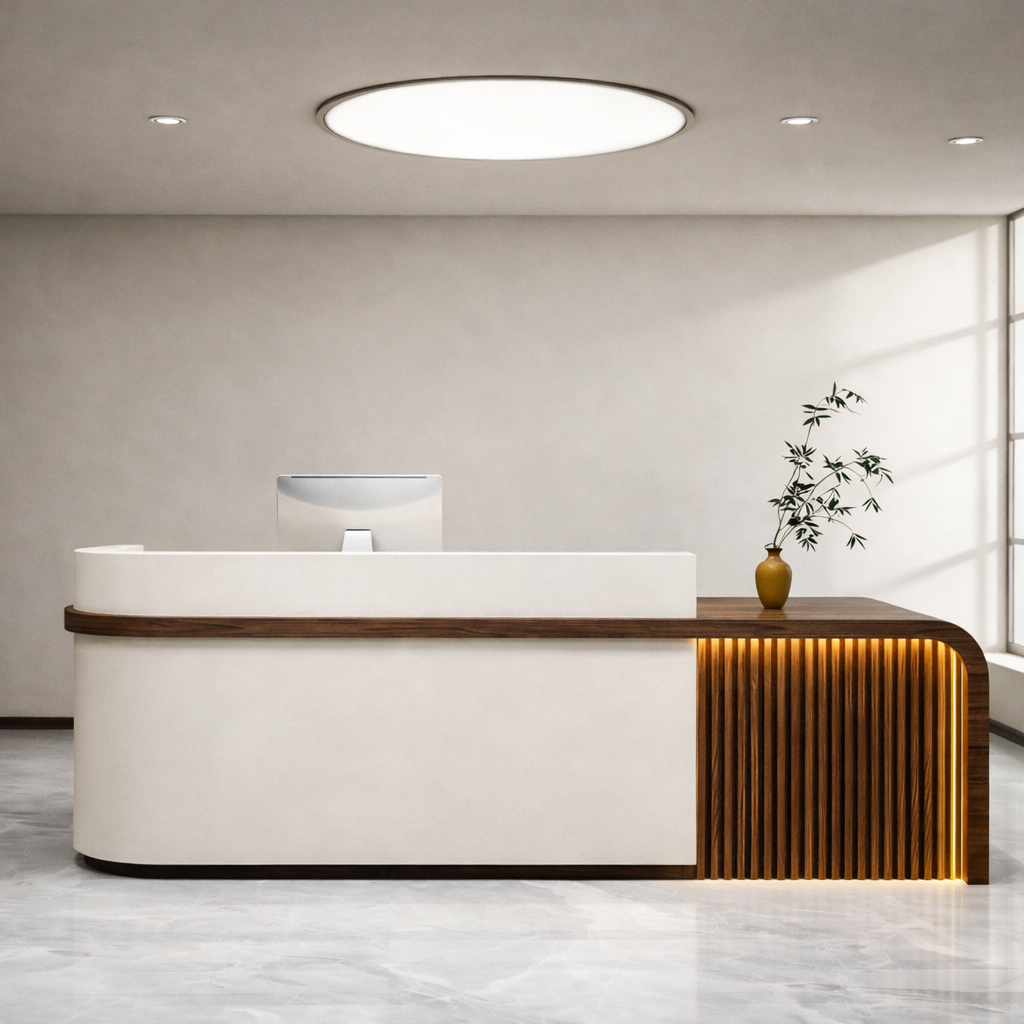 Modern reception counter with walnut finish and LED lighting for contemporary office interiors