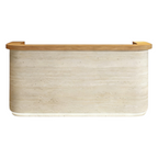 Front view of curved reception counter with natural timber finish and minimalist office style