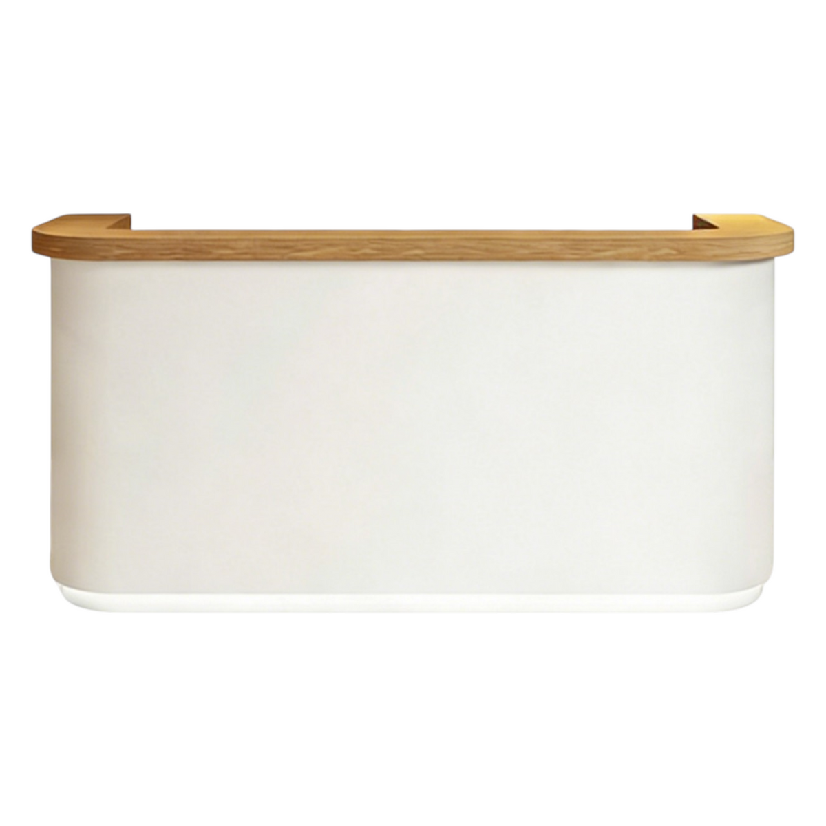 White reception counter with timber top and curved design for modern workplace settings