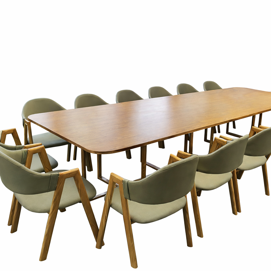 Natural Wwood dining table set with green upholstered chairs for modern dining areas, cafés and hotel interiors