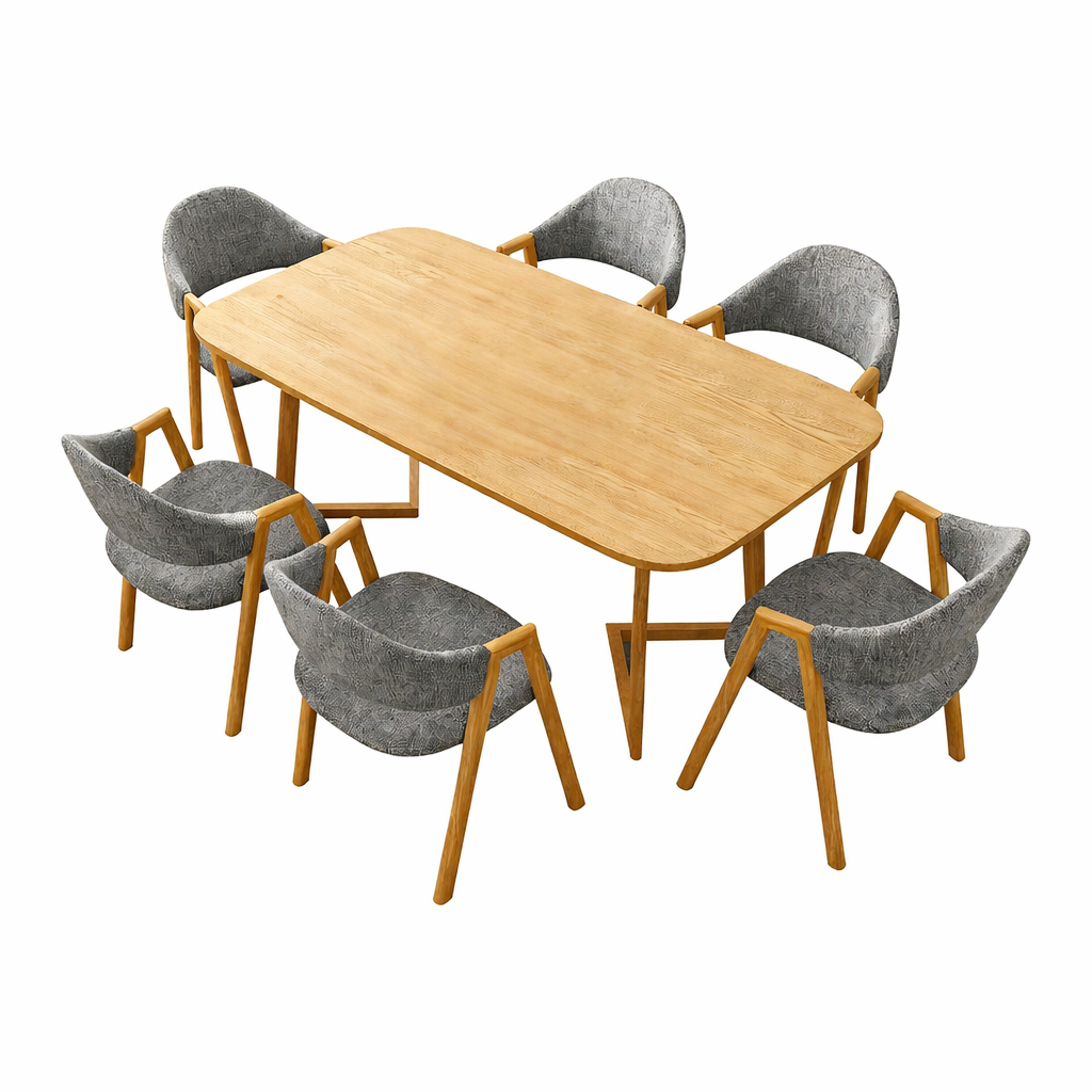 Natural wood restaurant table set with grey chairs for modern dining areas