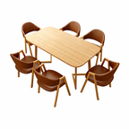 Natural wood meeting table with six brown chairs for modern office spaces