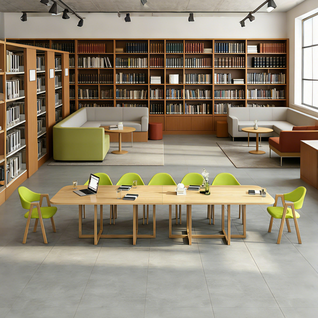 Natural wood meeting table with six green chairs designed for reading rooms, study areas and shared learning spaces