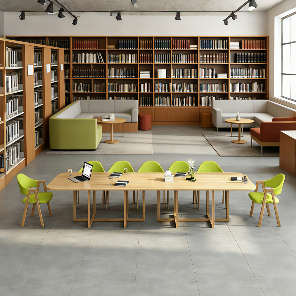 Natural wood meeting table with six green chairs designed for reading rooms, study areas and shared learning spaces