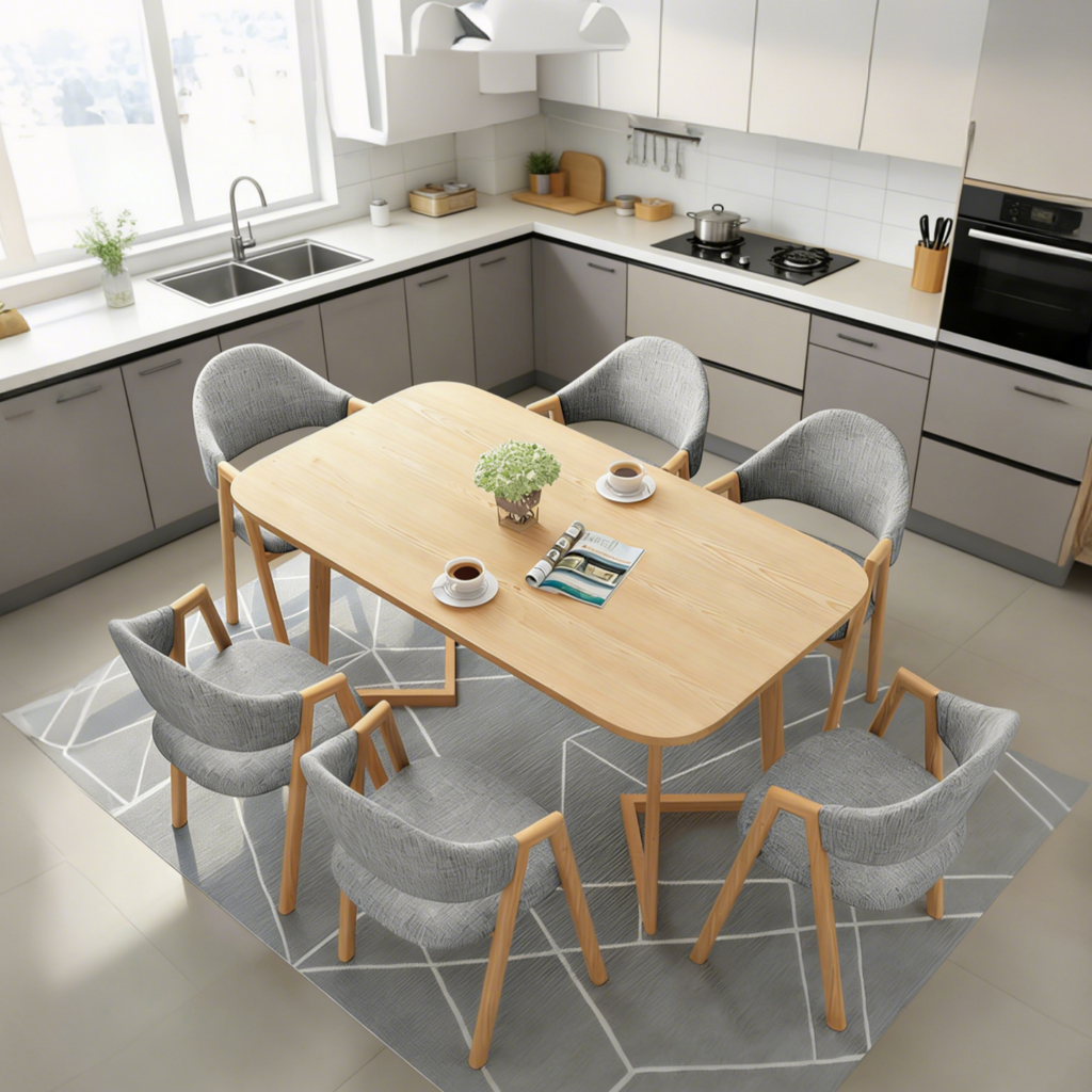 Natural wood dining table with six light grey chairs featuring a modern design for home offices, dining areas and meeting spaces