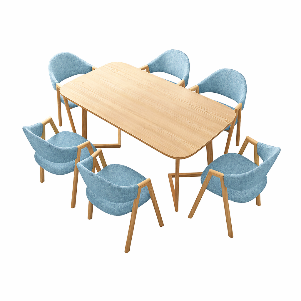 wooden table with six light blue chairs designed for modern dining areas, home offices and creative spaces
