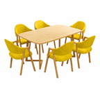 Natural wood conference table with six yellow chairs for creative workplaces