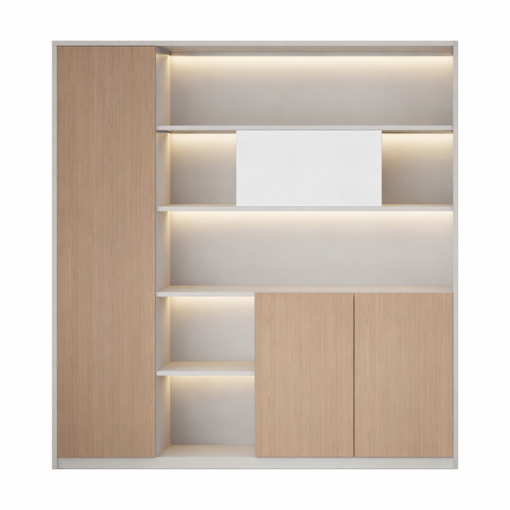 Natural Wood and Warm White office storage cabinet with LED shelves and modern workplace storage design