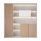 Natural Wood and Warm White office storage cabinet with LED shelves and modern workplace storage design