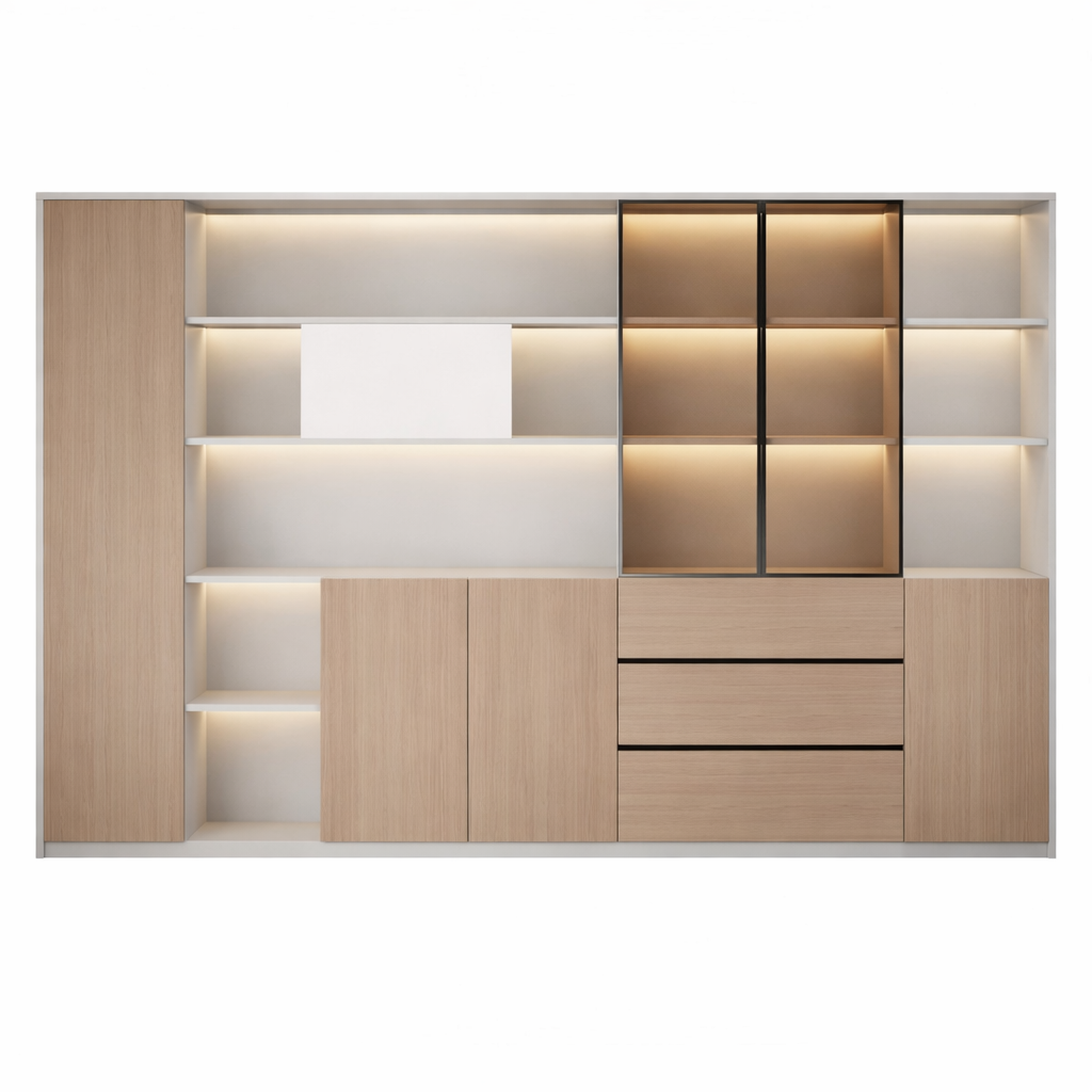 Natural Wood and Warm White office storage wall unit featuring open shelves, cabinets and integrated lighting