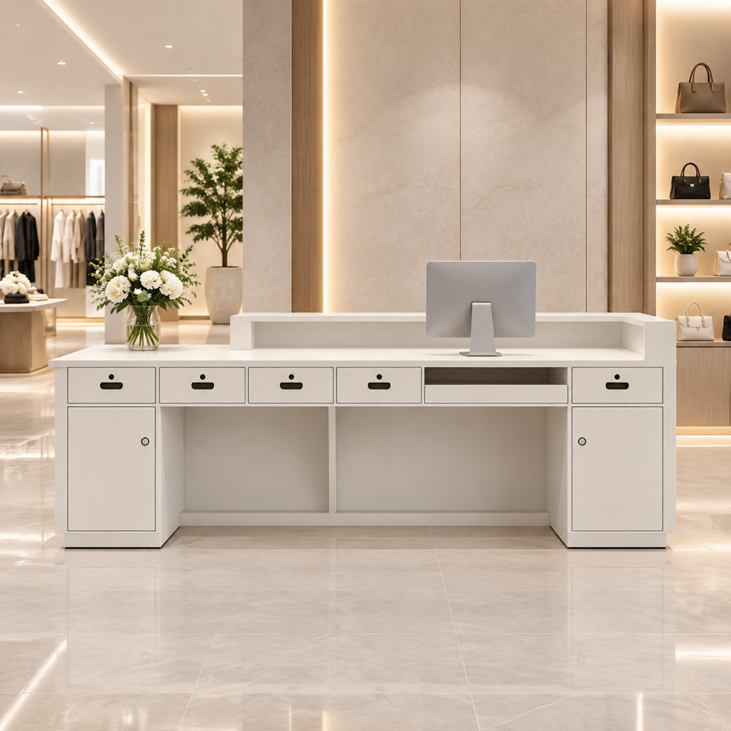 Office reception desk with integrated storage cabinets, drawers and spacious workspace designed for commercial environments