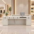 Office reception desk with integrated storage cabinets, drawers and spacious workspace designed for commercial environments