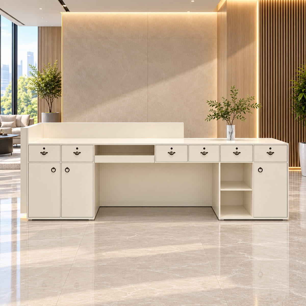 Office reception desk with built-in cabinets and organised storage solutions