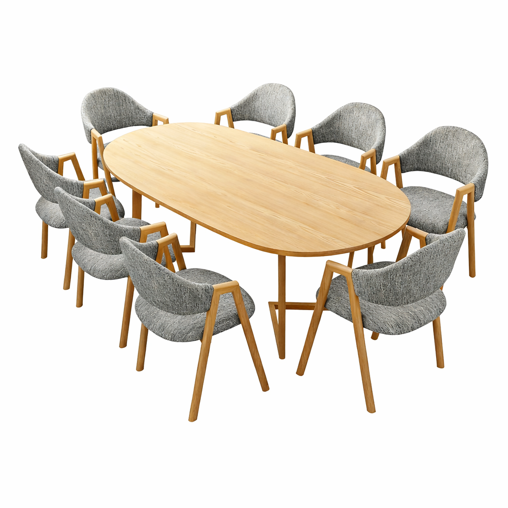 Oval commercial dining table with grey chairs for restaurants and hospitality spaces