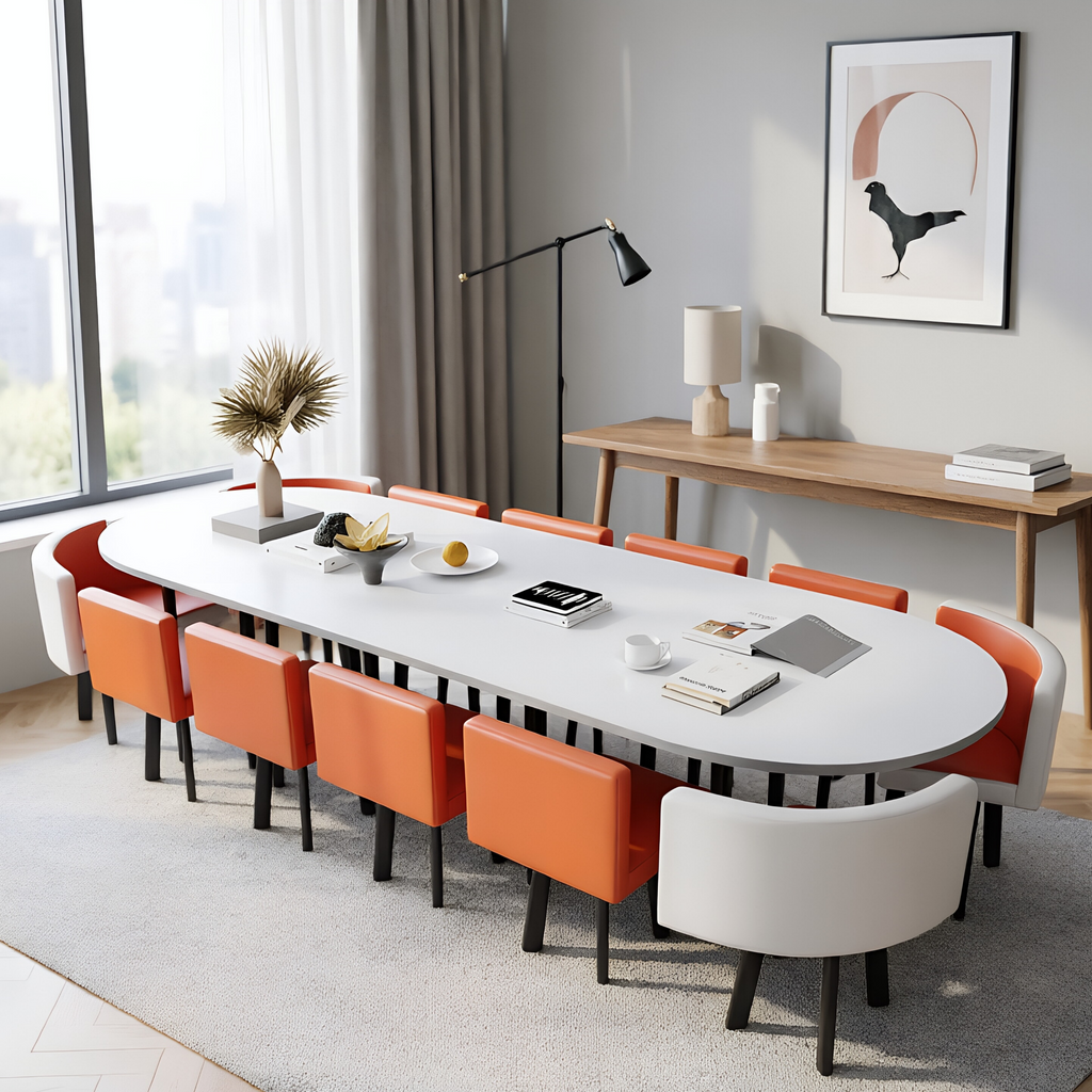 Oval meeting table with upholstered chairs for professional office collaboration spaces