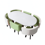 Oval office meeting table with green upholstered chairs and modern workspace design