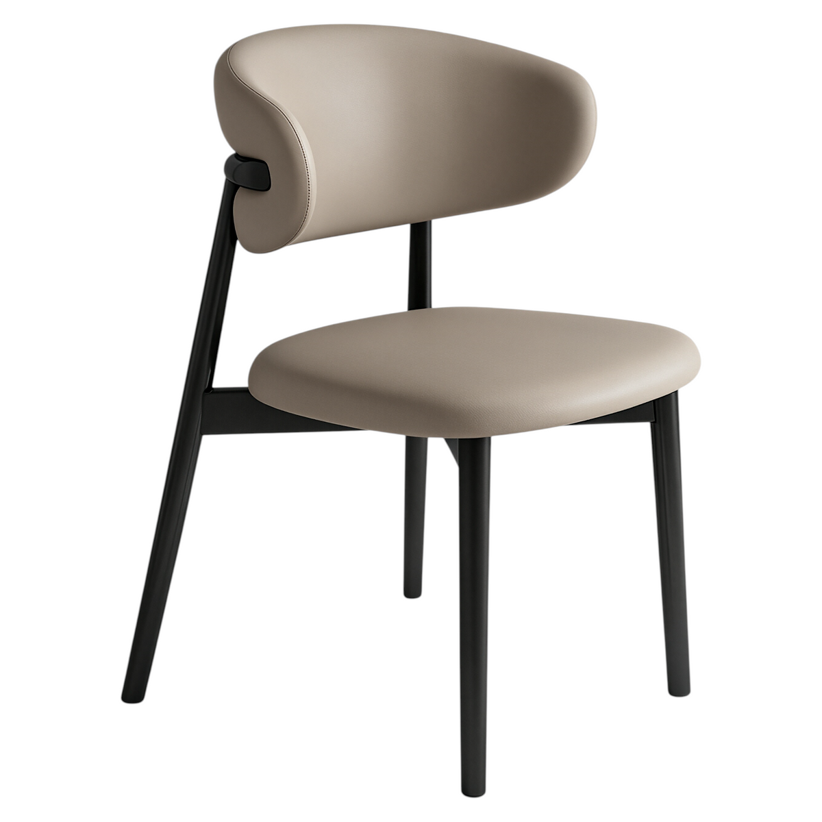 Khaki upholstered chair with minimalist design and supportive curved backrest