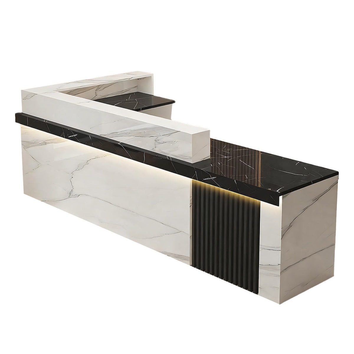 Right high return grey white marble look reception desk with fluted detail for commercial reception spaces