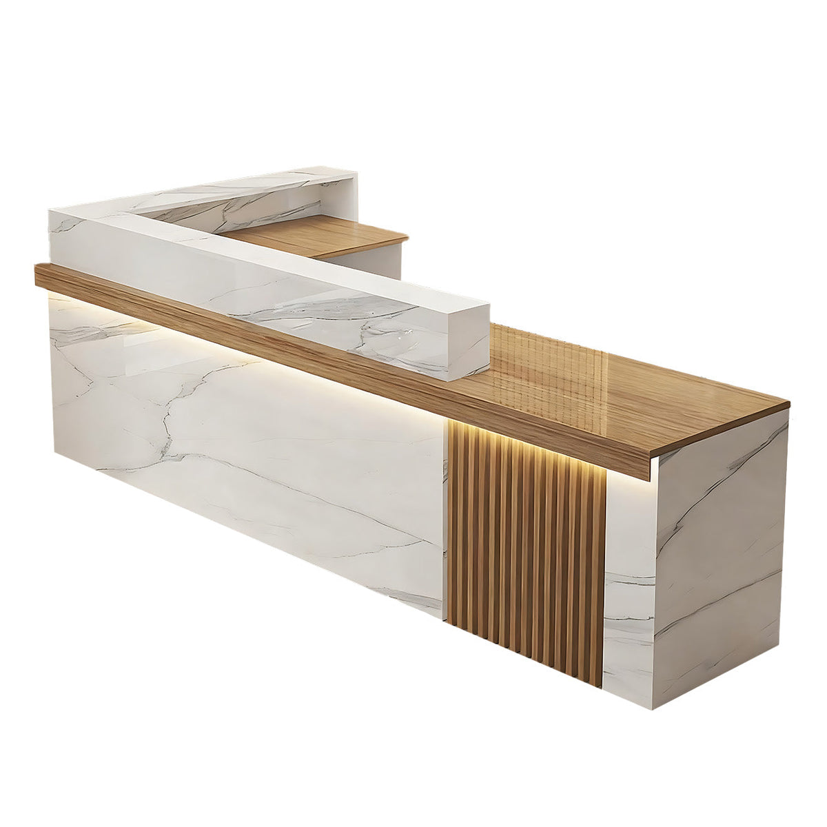 Right high return natural reception desk with fluted detail for commercial reception spaces