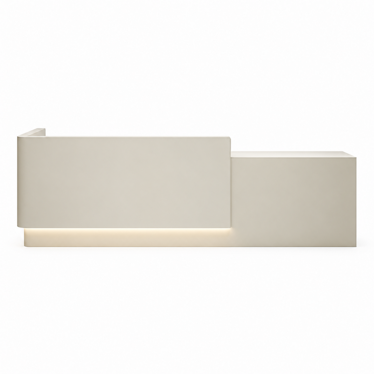 Beige modern reception desk front view with clean professional design