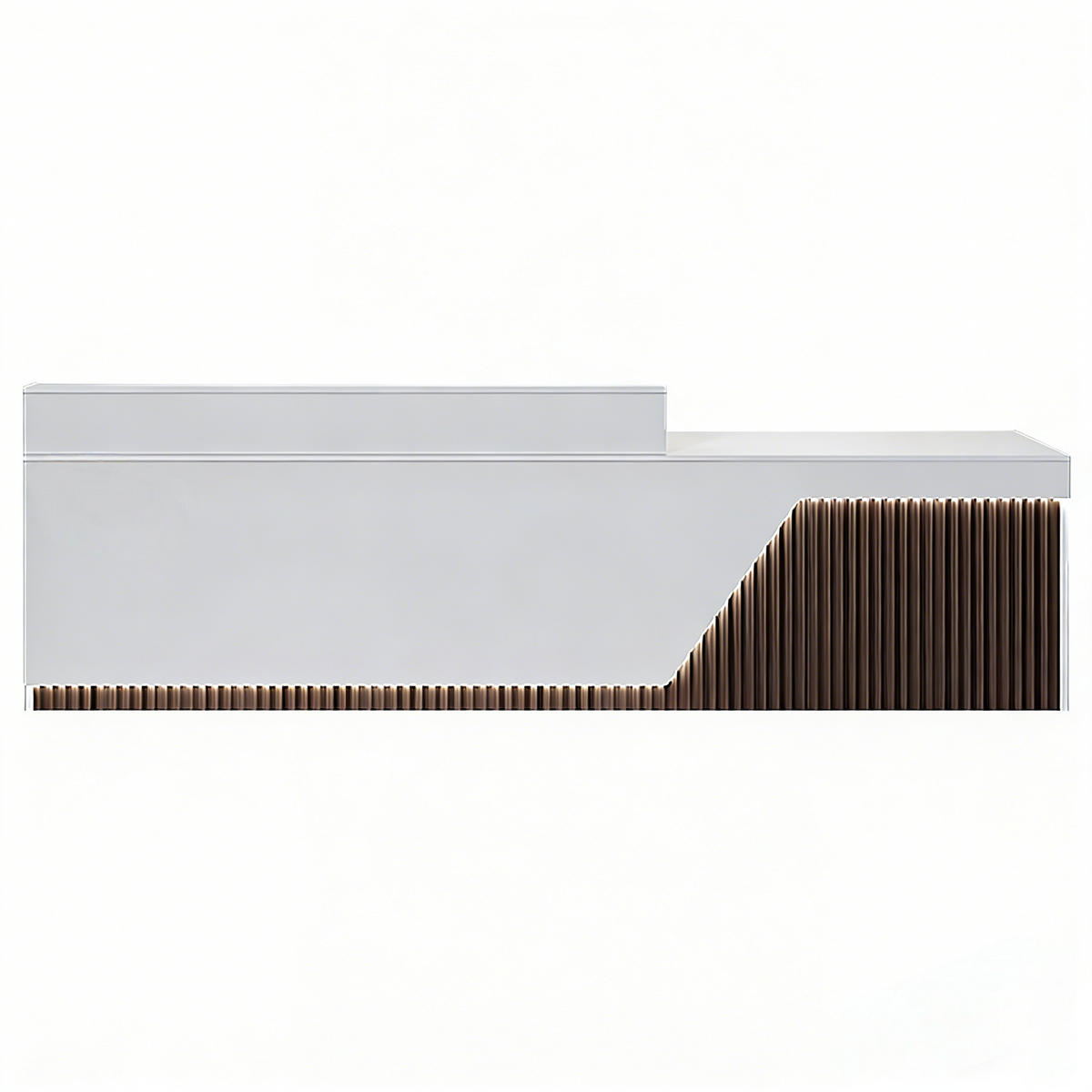 Custom commercial reception desk with walnut finish and modern styling