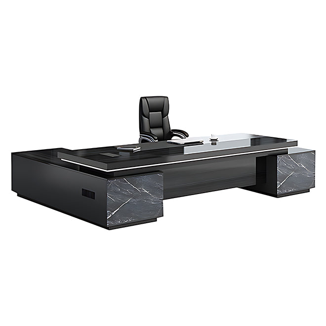 Contemporary executive desk featuring marble panel accents and a spacious professional workspace