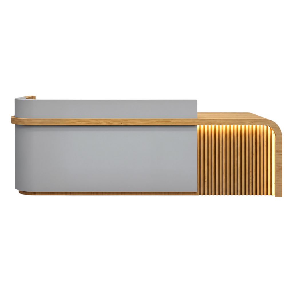 Right return reception counter with Light Grey, Natural Oak Finish and LED accent lighting