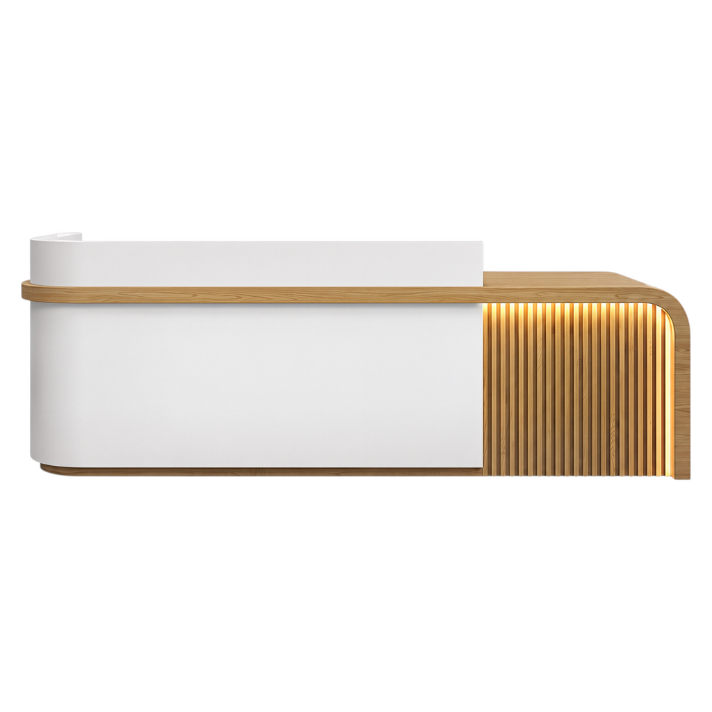 Right return reception counter with Pure White, Natural Oak Finish and LED accent lighting