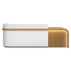 Right return reception counter with Pure White, Natural Oak Finish and LED accent lighting
