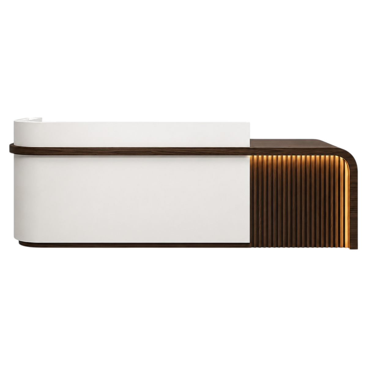 Right return reception counter with Pure White Finish and LED accent lighting