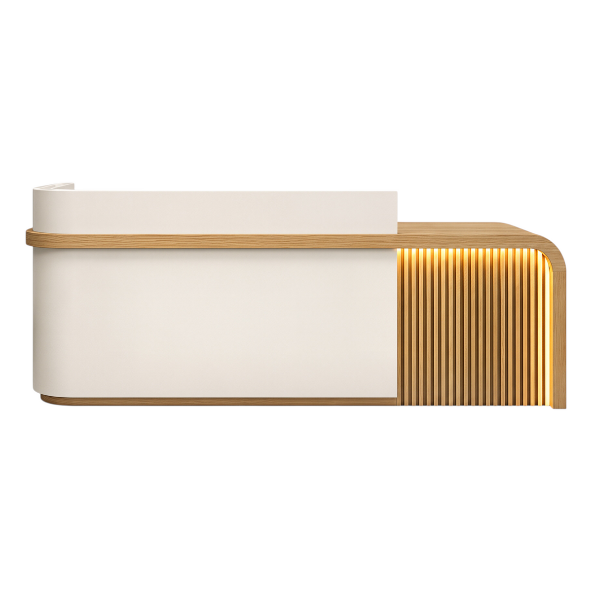 Right return reception counter with Warm Off-White, Natural Oak Finish and LED accent lighting