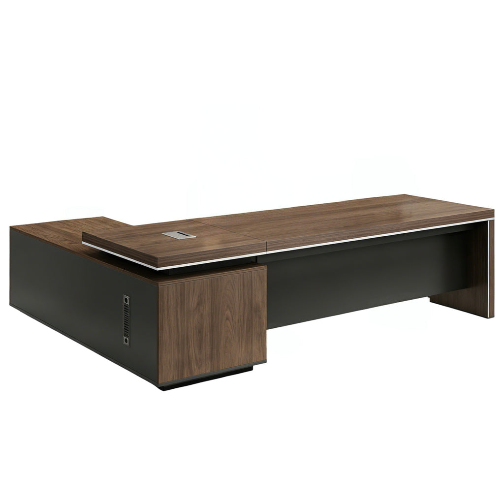 Large L-shaped executive desk with premium wood finish and integrated storage