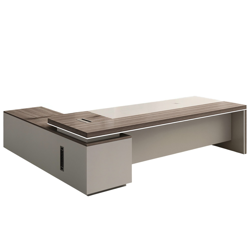 Contemporary L-shaped office desk with spacious desktop and custom configuration options