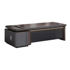 Modern executive office desk with dark wood finish and integrated storage pedestal