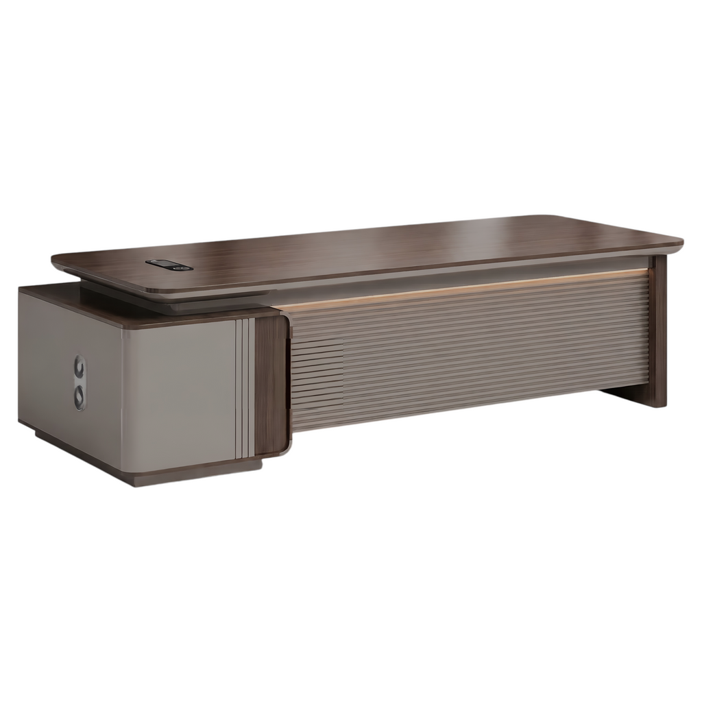 Executive office desk with fluted privacy panel and spacious work surface