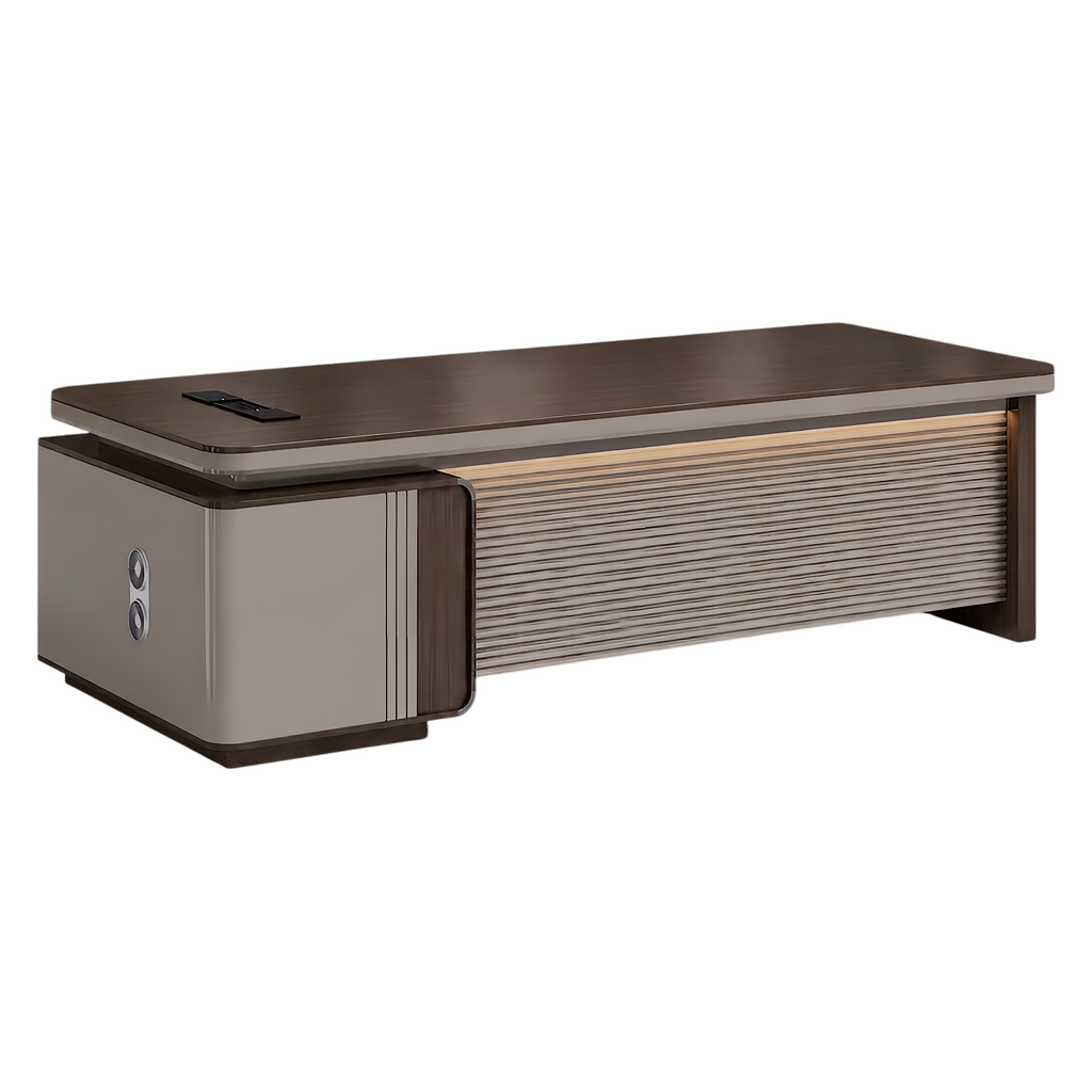 Executive desk featuring side storage pedestal and refined modern office design